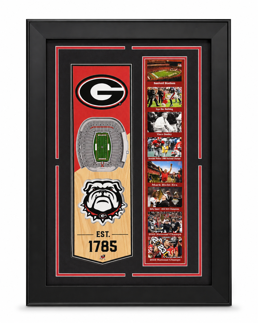 Georgia Bulldogs Football History Framed Memorabilia Display – Sanford Stadium, Vince Dooley, Herschel Walker, Kirby Smart