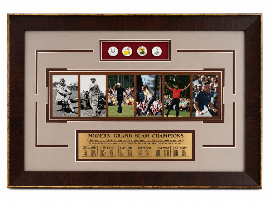 Modern Grand Slam Champions Framed Golf Memorabilia – Tiger Woods, Jack Nicklaus, Ben Hogan, Gary Player, Gene Sarazen & Rory McIlroy