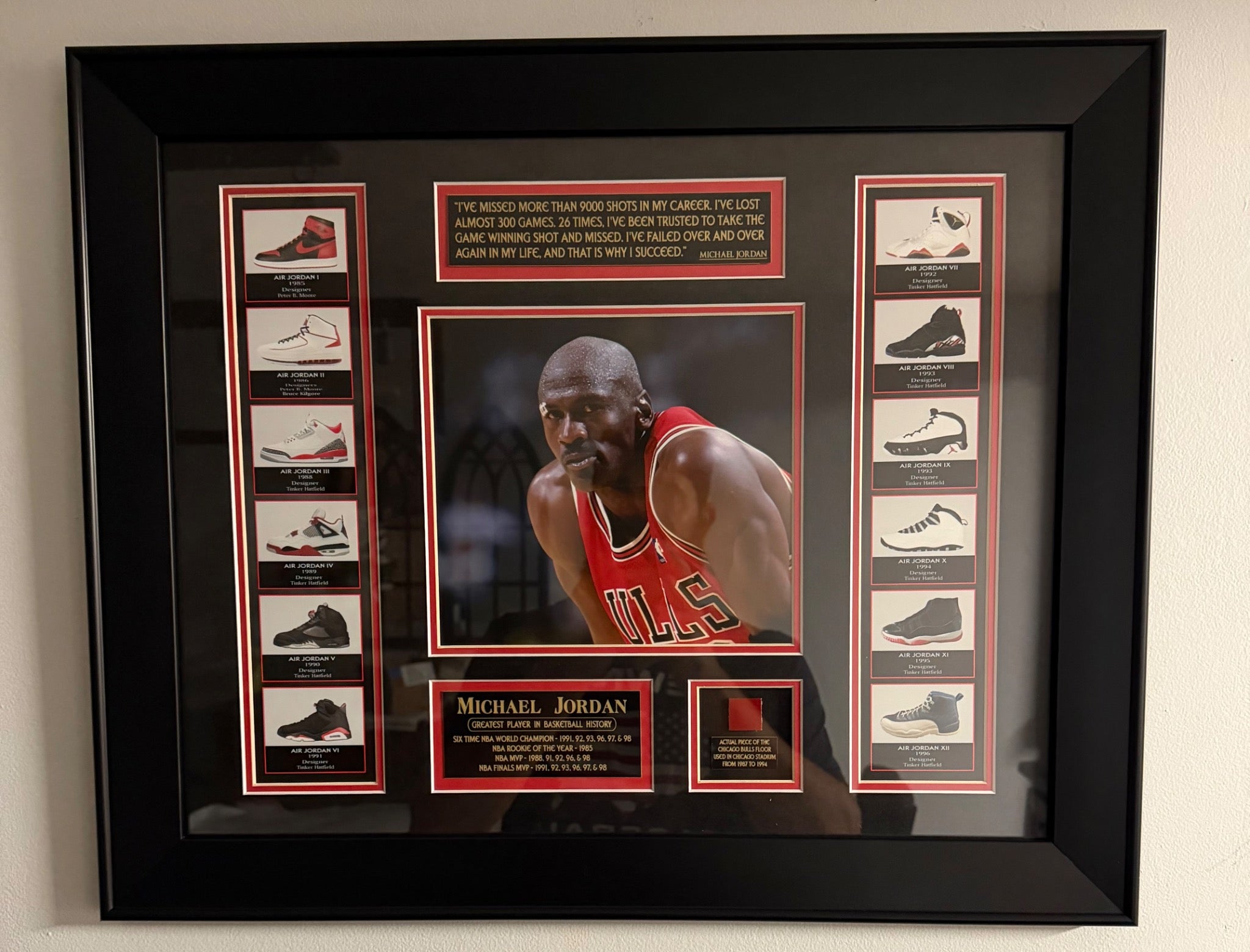 Framed Basketball Legend Shoe History & Chicago Bulls Floor Memorabilia Display