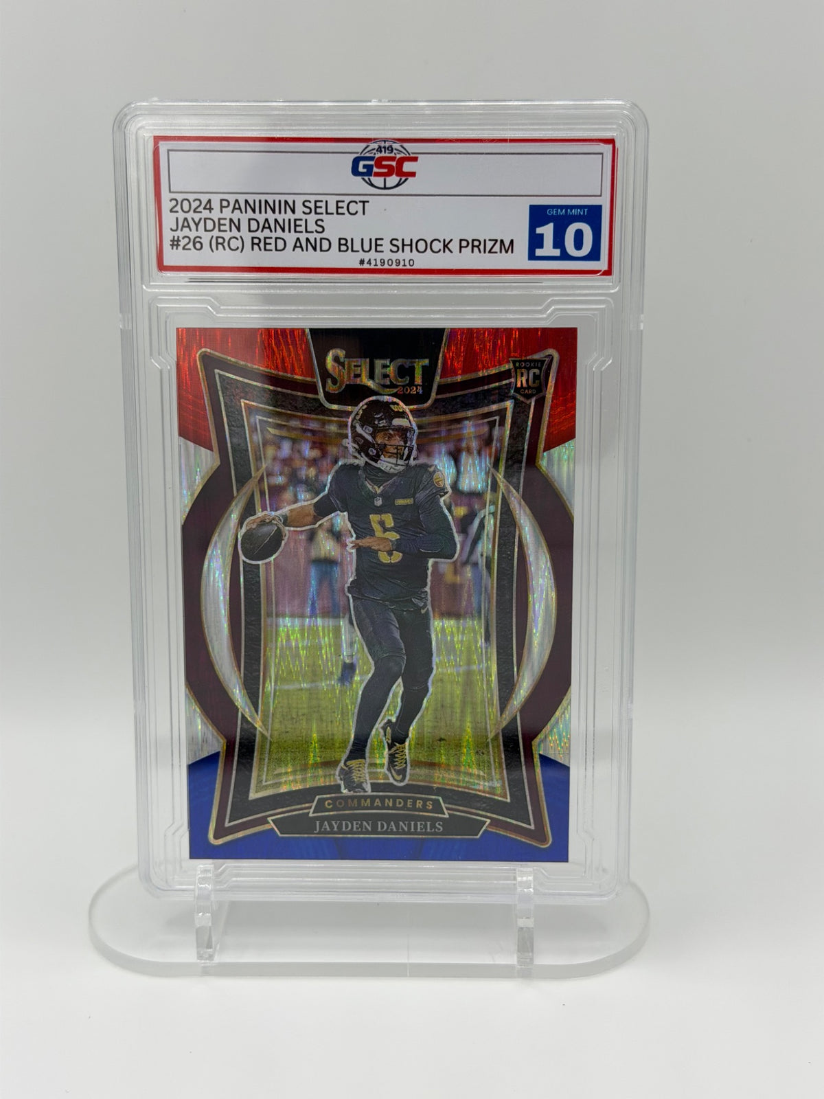 2024 Panini Select Jayden Daniels Red & Blue Shock Prizm #26 RC GSC 10